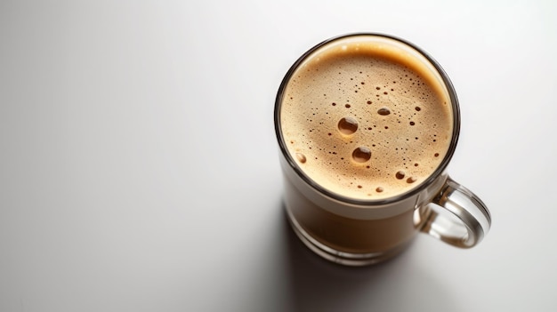 Een glas koffie op een witte achtergrond.