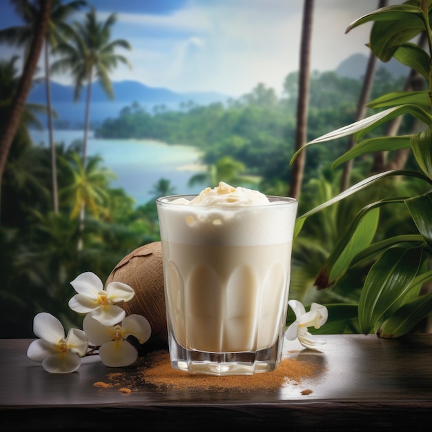 Een glas kokosmelk met kokos en kokosnoot op tafel.
