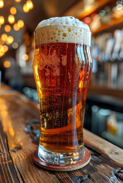 Een glas koud bier op een houten bar in een pub.