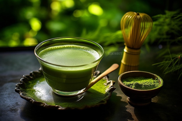 Een glas koude groene thee met matcha.