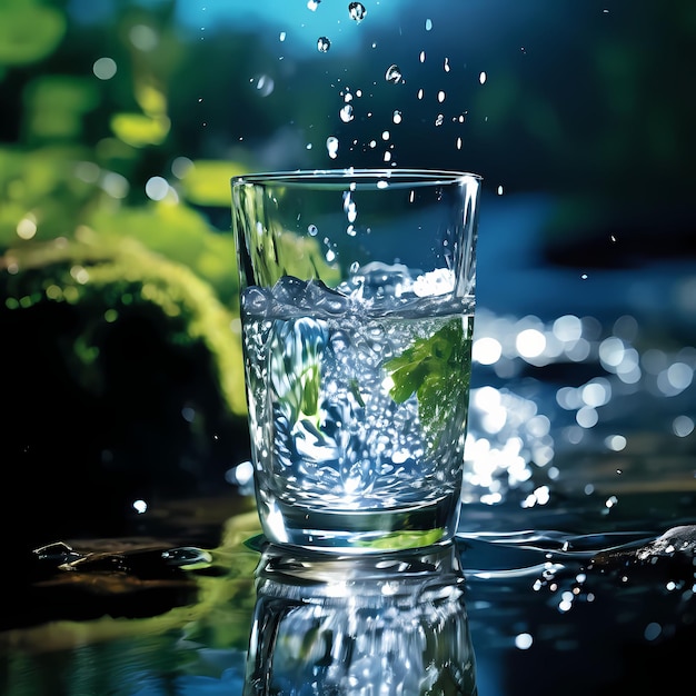 Een glas kristalhelder helder water met spetteringen tegen de achtergrond van de natuur in de bergen