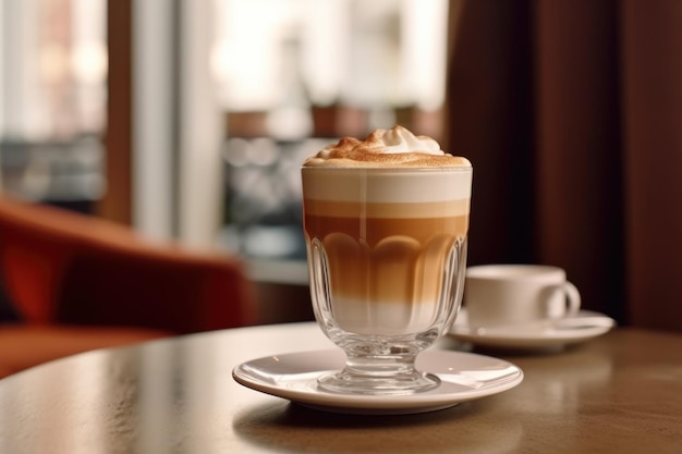 Een glas latte macchiato koffie op een tafel in een café AI gegenereerd
