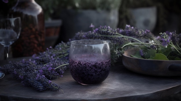 Een glas lavendel staat op een tafel naast een bosje lavendel.