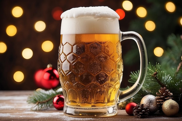 Een glas licht bier op een kerst achtergrond