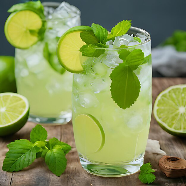 Foto een glas limeade met limoenen en muntbladeren