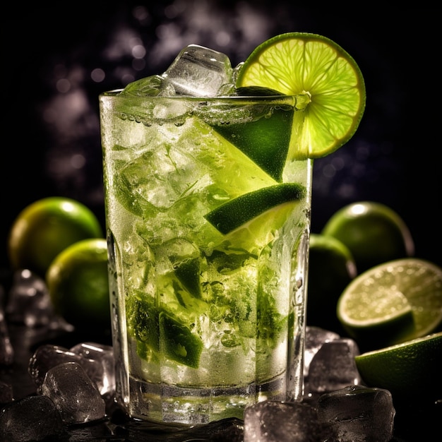 Een glas limoen en ijs met een groen drankje erop