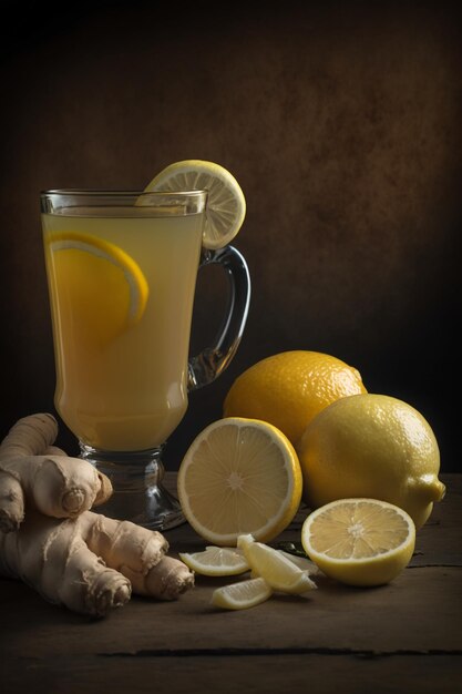 Foto een glas limonade met citroenen en gember op een tafel