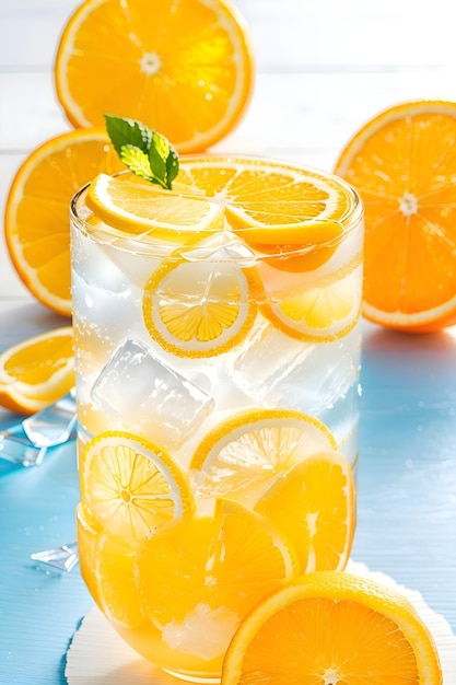 Een glas limonade met een muntblad bovenop.