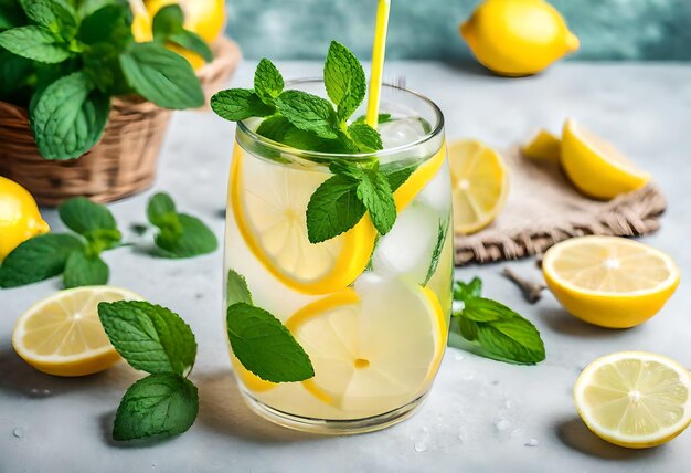 een glas limonade met muntbladeren en een rietje