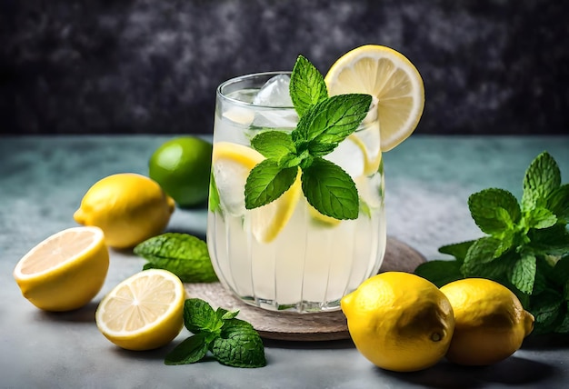 Foto een glas limonade met muntbladeren en muntbladeren