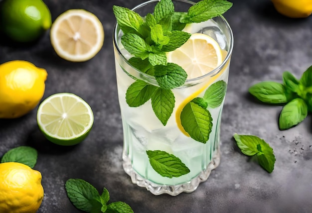 een glas limonade met muntbladeren en muntbladeren