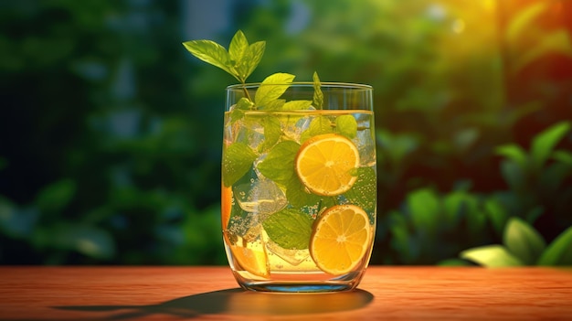 Een glas limonade met schijfjes citroen en muntblaadjes op een houten tafel.