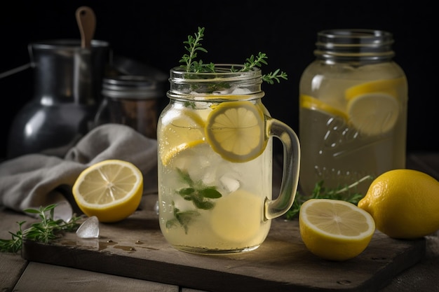 Een glas limonade met schijfjes citroen en schijfjes citroen op een houten tafel.