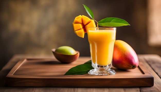 een glas mango sap en mango op een houten plank