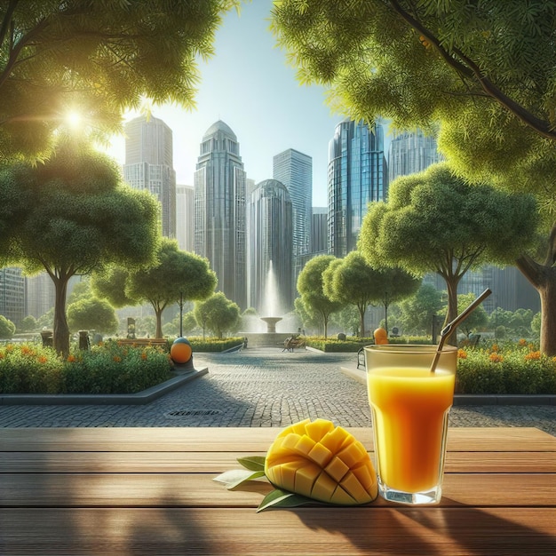 Een glas mango sap met uitzicht op het stadspark