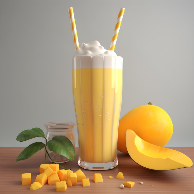 Een glas mangomilkshake met rietjes en een glas mangosap.