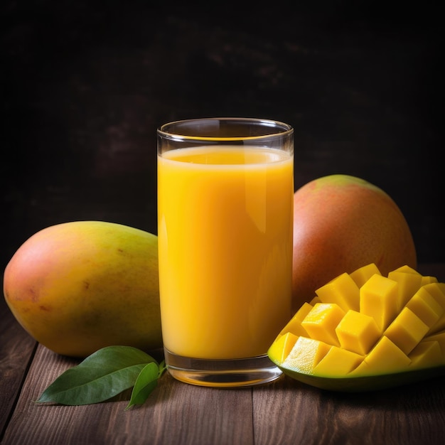 Een glas mangosap naast een mangofruit.