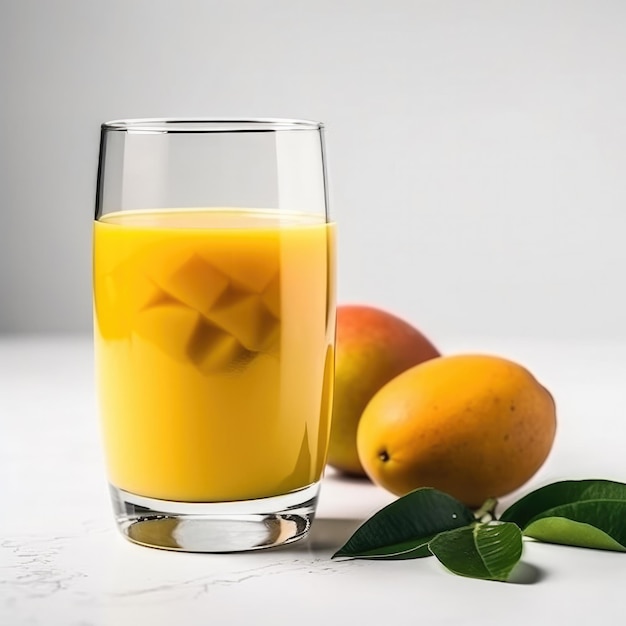 Een glas mangosap naast twee mango's.