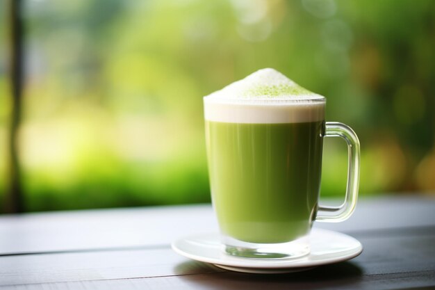 Een glas matcha groene thee met latte kunst bovenop