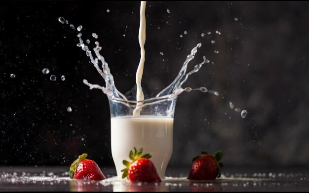 Een glas melk en aardbeien vallen in het glas met een spetter in de scène.