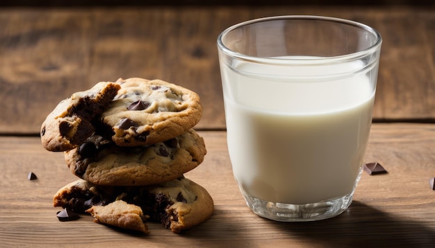 Een glas melk en een stapel chocoladekoekjes.