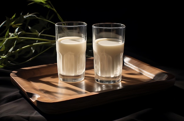 een glas melk met een houten rek generatieve ai