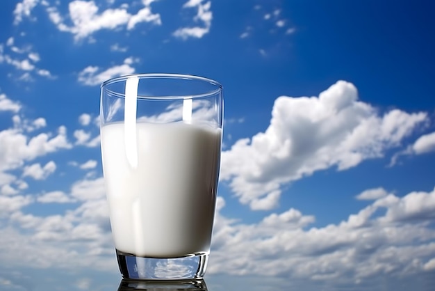 Een glas melk met een wolk op de achtergrond.