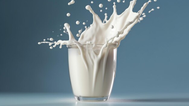 een glas melk met scheutjes melk erin