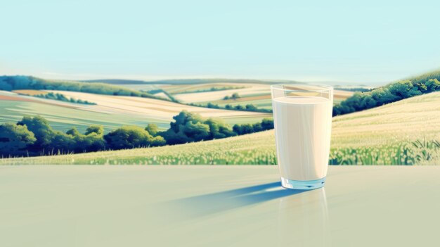 Foto eén glas melk op het platteland met illustratie van rolling hills