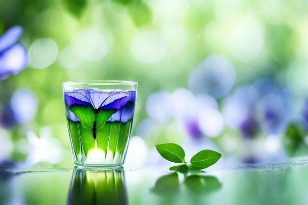 een glas met een blauwe bloem en groene bladeren erop