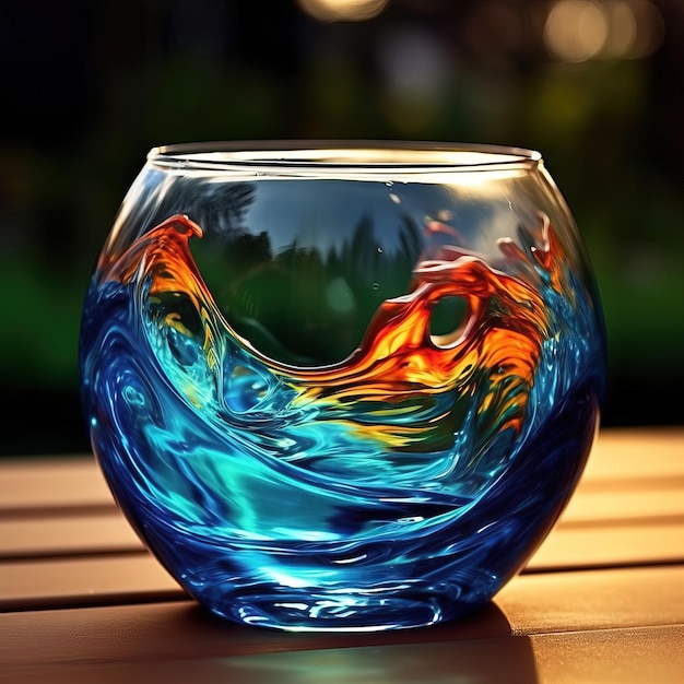 Een glas met een blauwe en oranje vloeistof erin