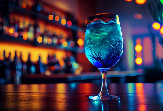 Een glas met een mooie cocktail staat op de toog in een nachtclub