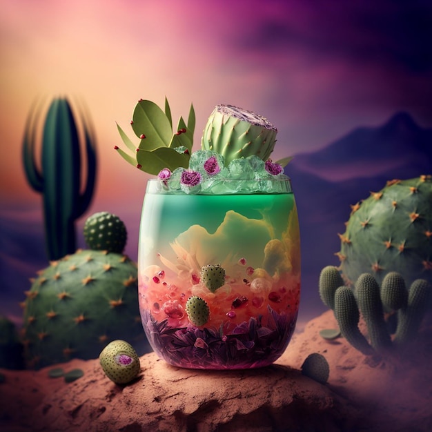 Een glas met een paars en groen drankje met een cactus erop.