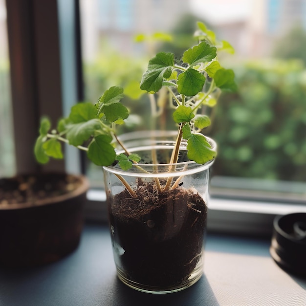 Een glas met een plant erin dat op tafel staat