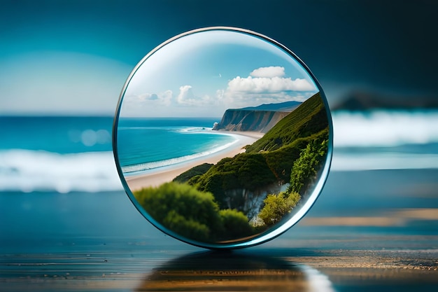 Een glas met in het midden uitzicht op het strand