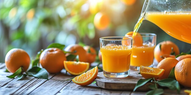 Een glas met sinaasappelsap op een houten tafel in een sinaasappelboomgaard