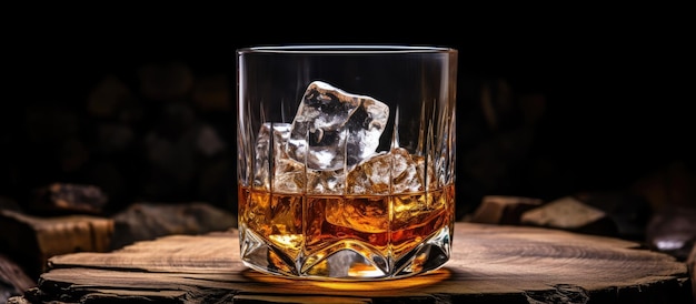 Een glas met whisky vergezeld van ijsblokjes rust op een oud vat op de achtergrond