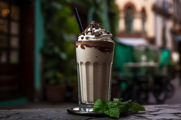 Een glas milkshake met chocoladekrullen en muntblaadjes op tafel