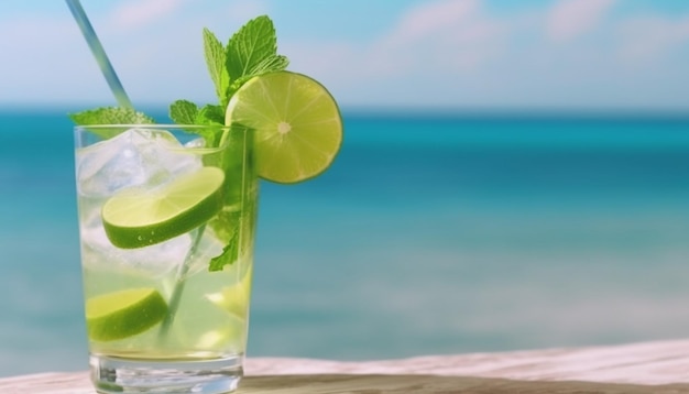 Een glas mojito met limoenen en een strand op de achtergrond