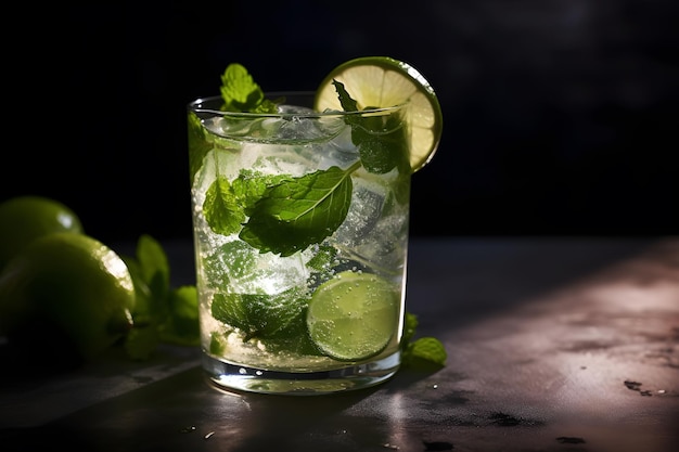 Een glas mojito met limoenen en limoenen op tafel.