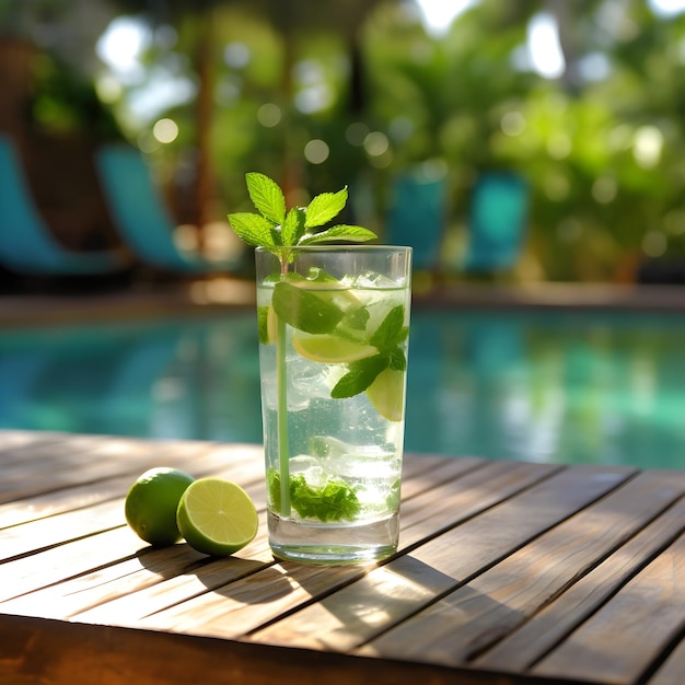 Een glas mojito naast een zwembad met een limoen op tafel.