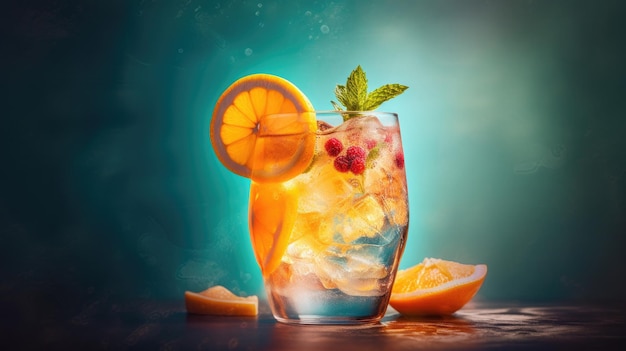 Een glas oranje cocktail met een blauwe achtergrond