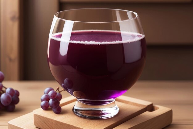 Een glas paars sap staat op een houten dienblad naast een druiventros.