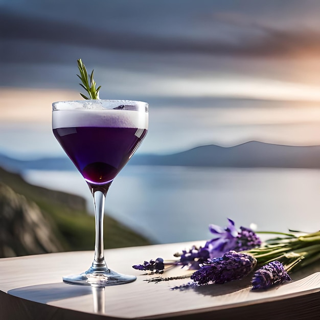 Een glas paarse cocktail met lavendel op een tafel met daarop een paarse bloem