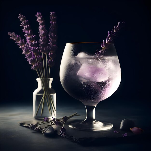 Een glas paarse vloeistof met ijs en lavendelbloemen generatief ai