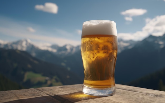 Een glas pilsbier op een tafel op een berg achtergrond verse light bier illustratie ai gegenereerd