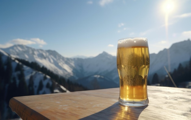 Een glas pilsbier op een tafel op een berg achtergrond verse light bier illustratie ai gegenereerd