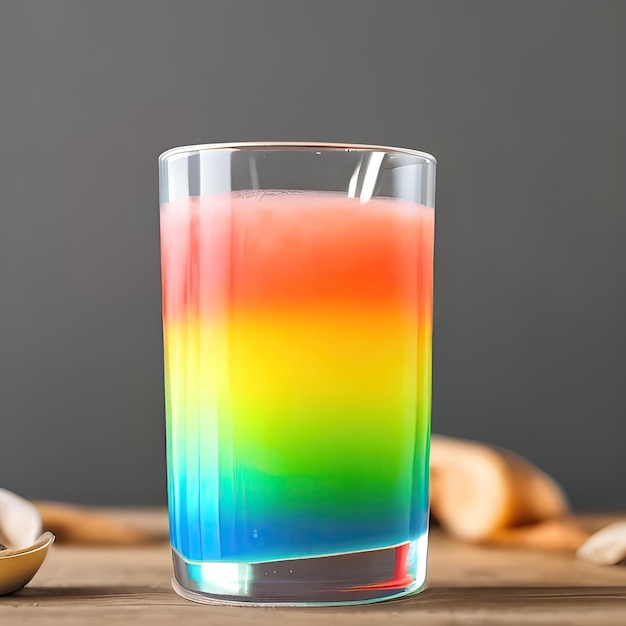 Een glas regenboogkleurige cocktail op een tafel