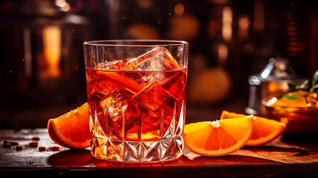 Een glas rode cocktail met stukjes sinaasappel op een toog.