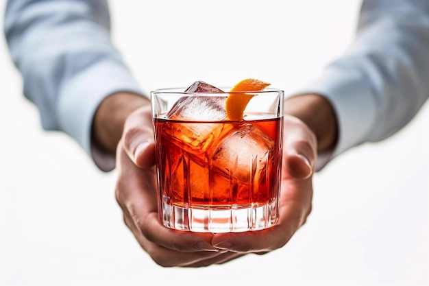 Een glas rode negroni met ijsblokjes